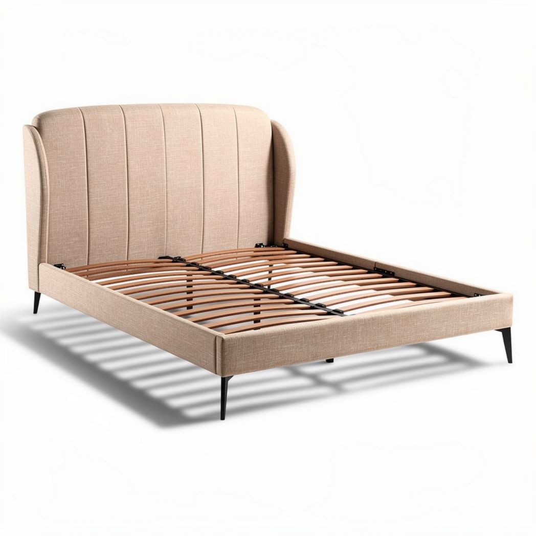 Upholstered bed frame with wooden slats and metal legs in beige 210 x 160 x 100cm