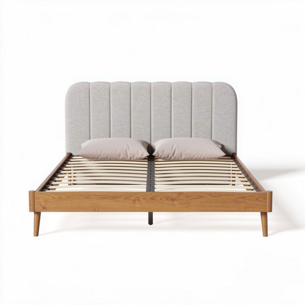 Wooden platform bed frame with upholstered headboard and slatted base 200 x 160 x 100cm