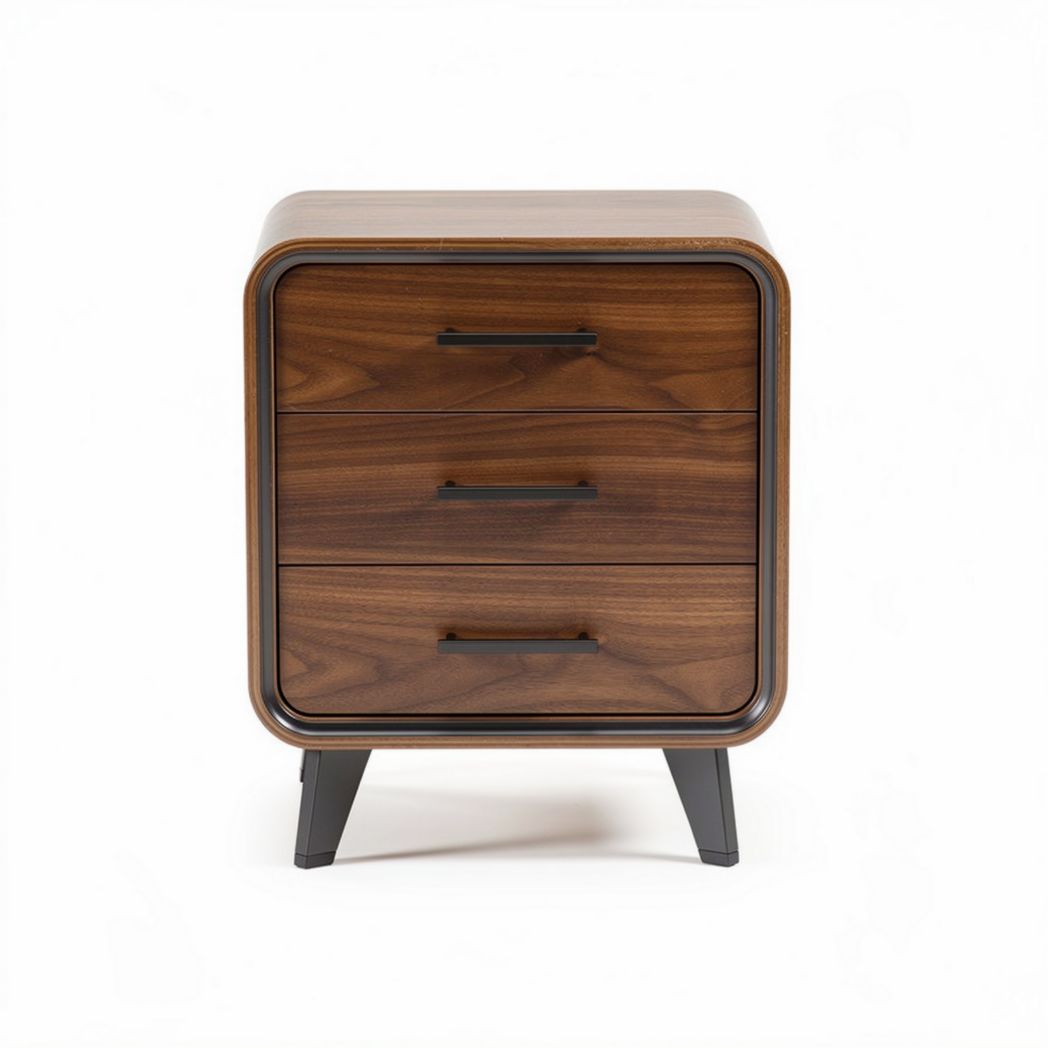 Wooden nightstand with three drawers and black metal legs 45 x 40 x 60cm