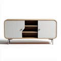 Modern wooden media console with white doors and open shelves 150 x 40 x 60cm