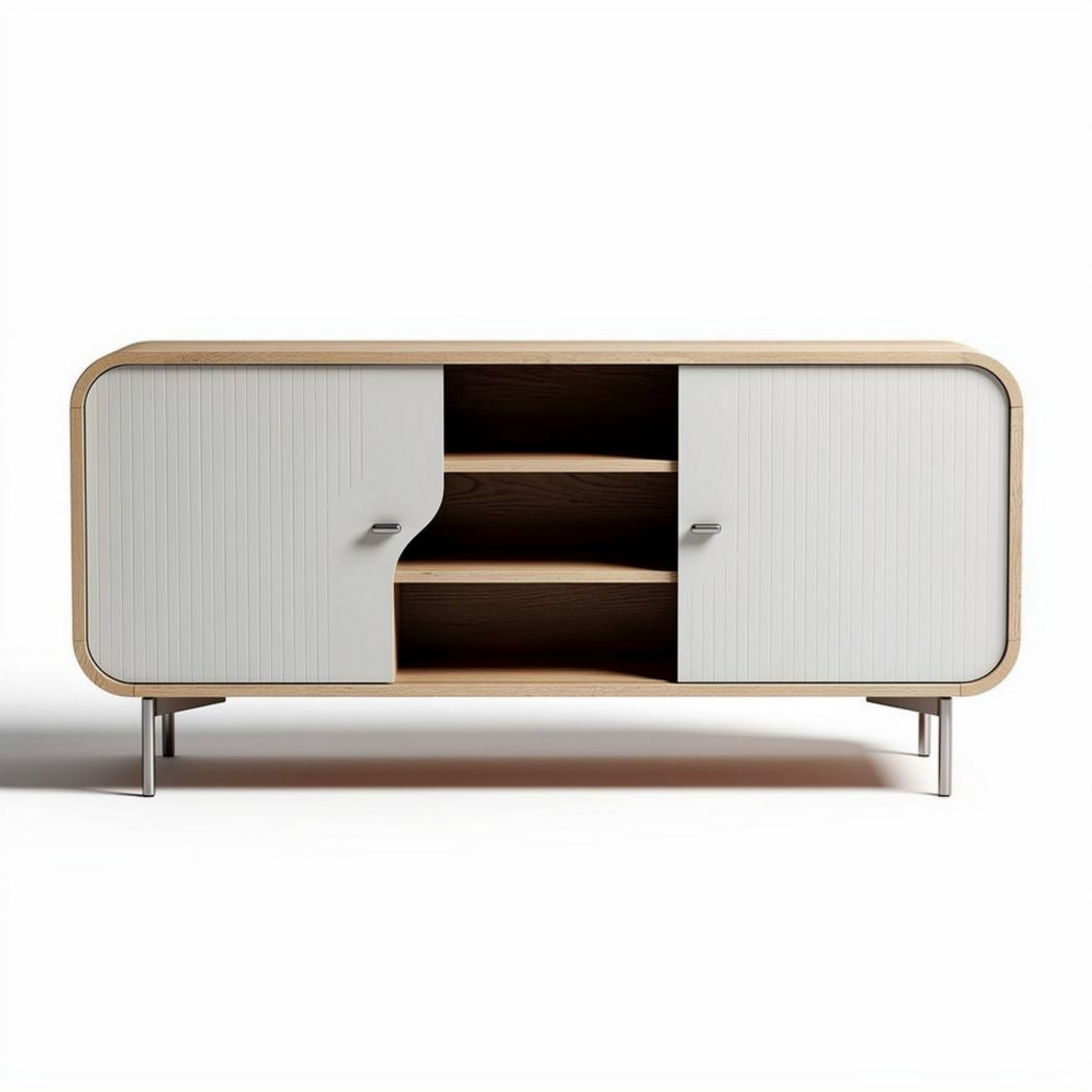 Modern wooden media console with white doors and open shelves 150 x 40 x 60cm