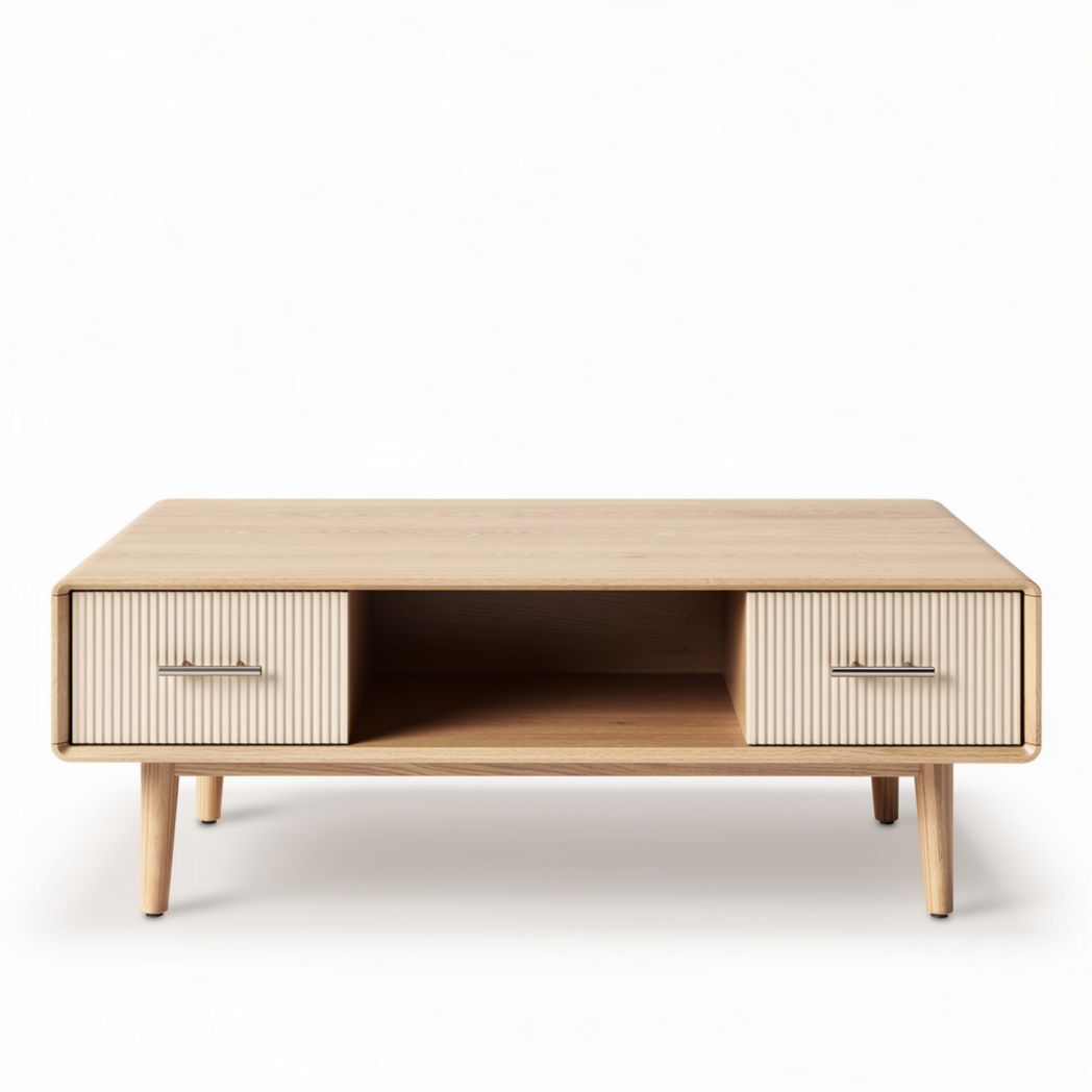 Wooden coffee table with ribbed drawers in natural finish 120 x 60 x 40cm