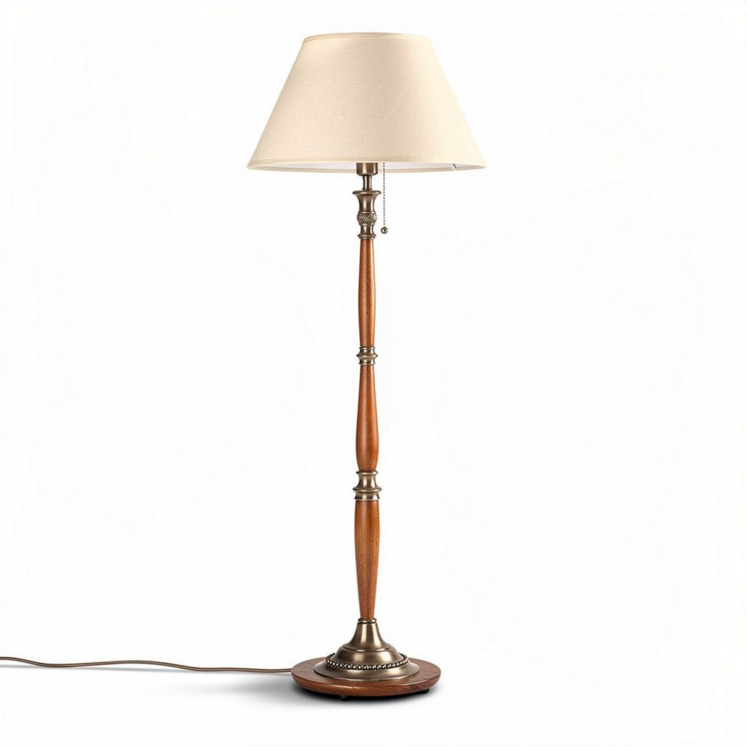 Wood and metal floor lamp with cream shade for living room lighting 150 x 30 x 30cm