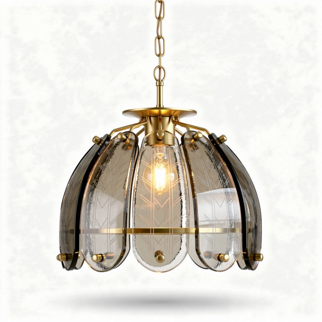 Glass pendant light fixture with gold accents and decorative shade 25 x 25 x 30cm