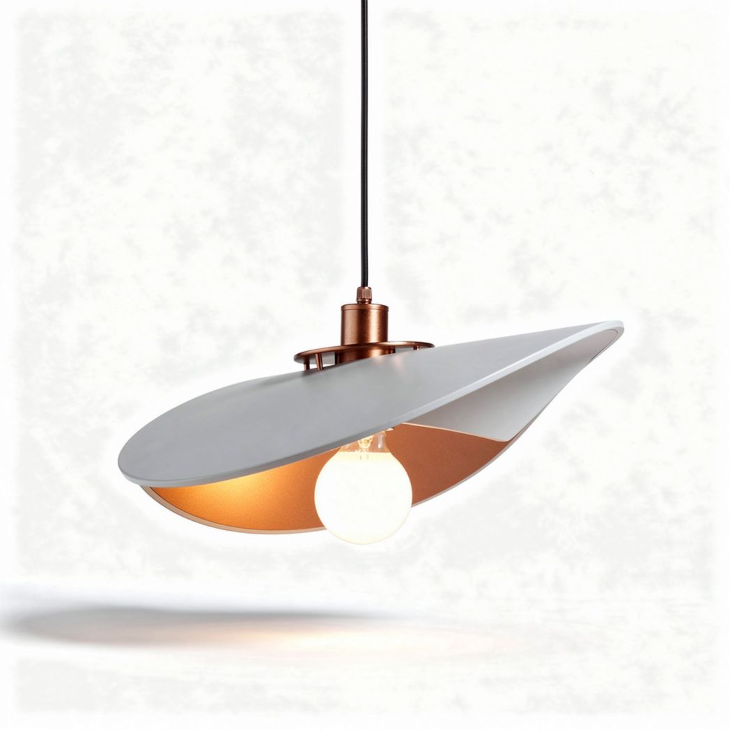 Modern pendant light fixture with white shade and copper accents 30 x 30 x 15cm