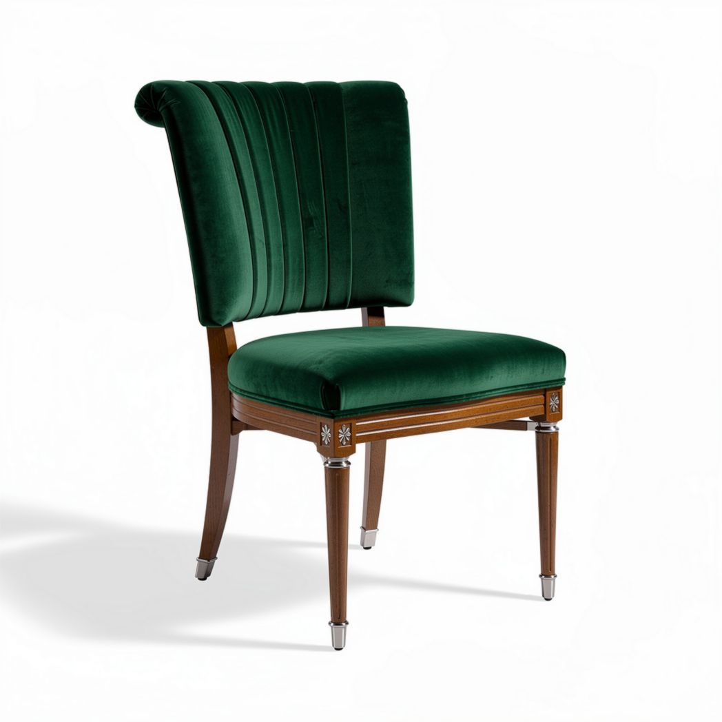 Velvet upholstered dining chair with wood legs and green finish 45 x 45 x 90cm