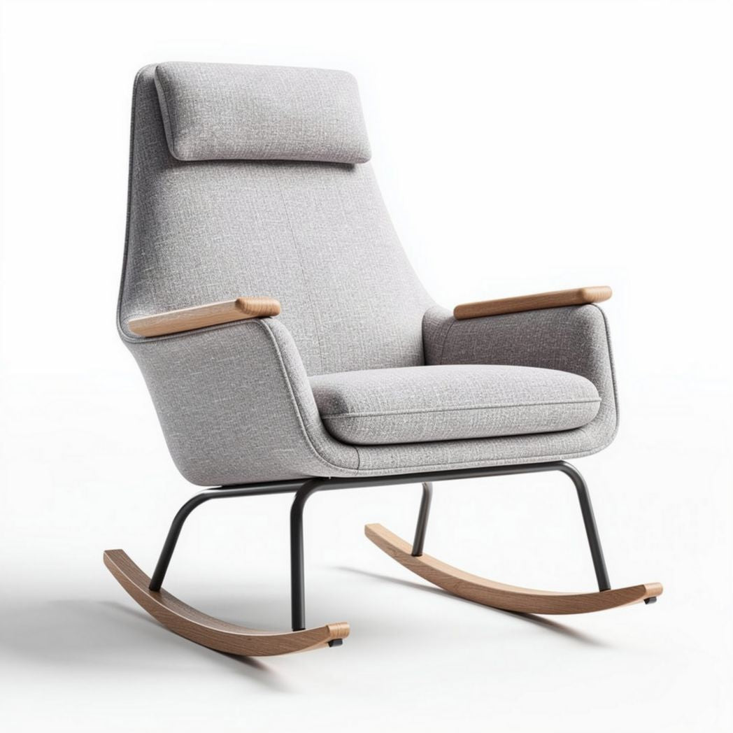 Rocking chair with upholstered fabric seat and wood armrests in gray 80 x 70 x 100cm