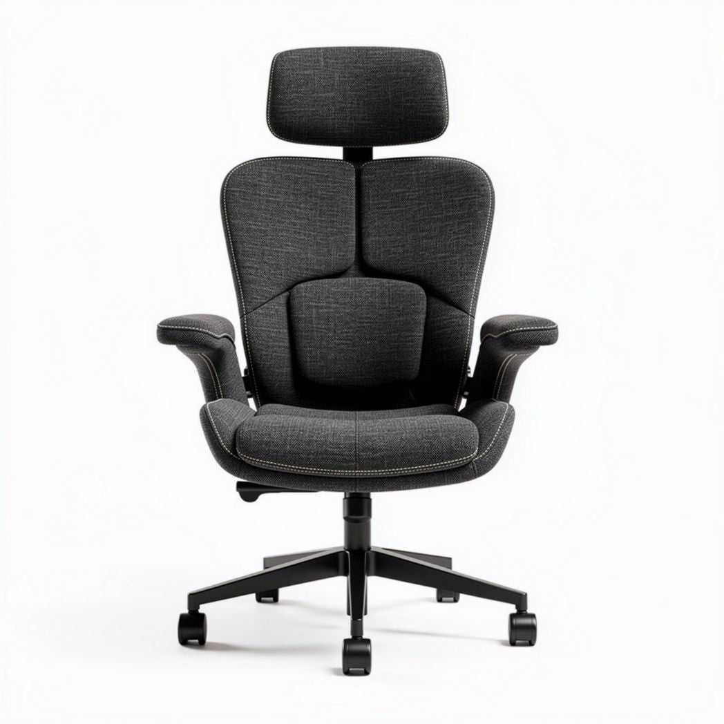 Ergonomic office chair with adjustable headrest and lumbar support in gray fabric
